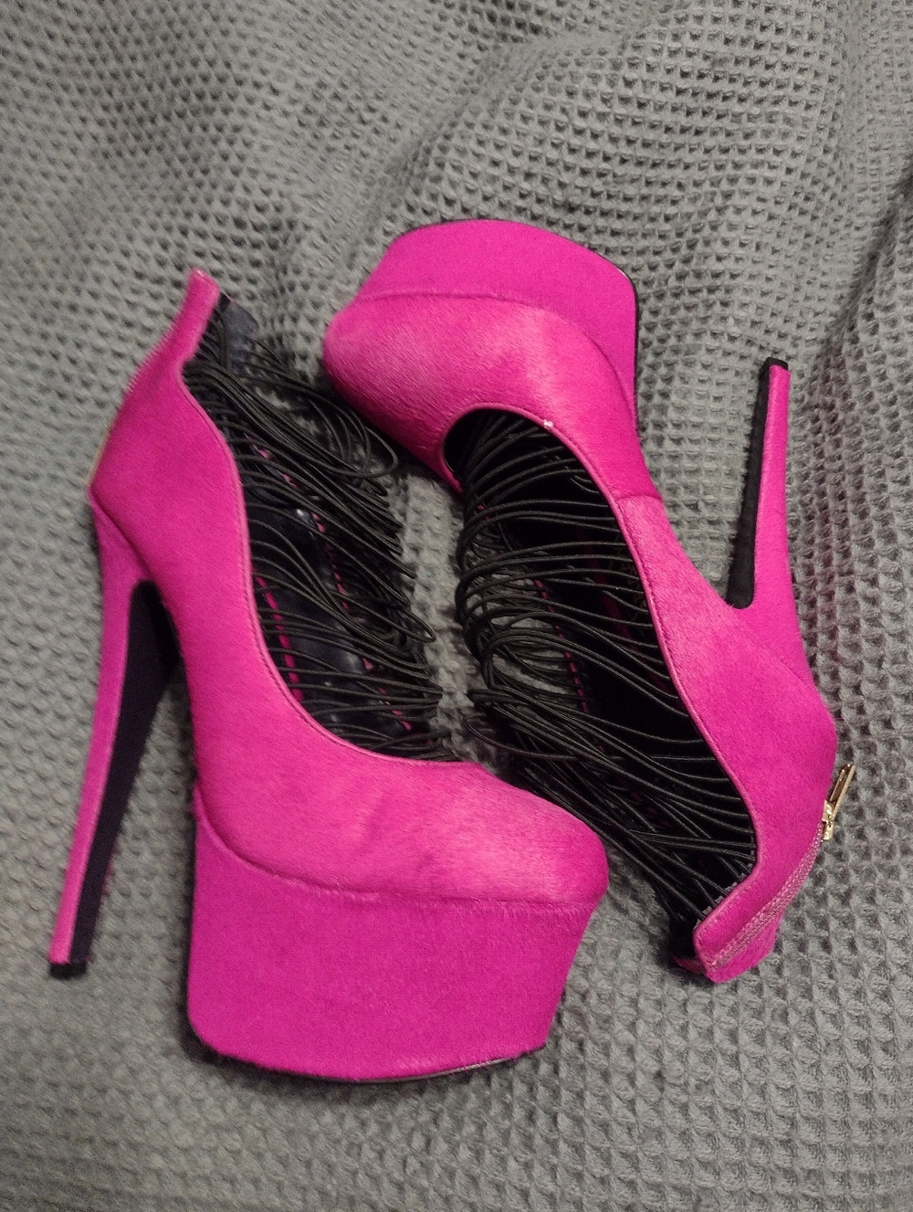 Fuchsia Platform Stiletto Heels with Fringe Detail